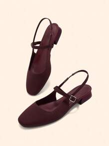 CUCCOO BASICS 女士时尚玛丽珍低跟舒适方头露跟平底鞋 - 酒紅色 - 查看 5