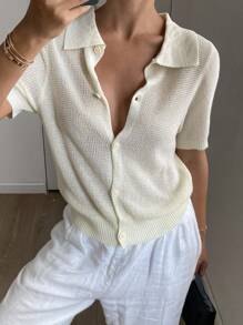 Livesso 女士立领短袖针织上衣，夏季