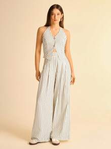 CAJUNI Women's Holiday Beige And Black Striped ,Relaxed Fit Wide Leg Casual Pants, Suitable For Travel And Commute,Pantalones De Mujer,Pantalones,Summer Pants,Bolero,Pantalones Cortos,Pantalones De Vestir Mujeres,Trousers,Pantalón De Vestir,Pantalones Mujer,Pantalón De Vestir Mujer