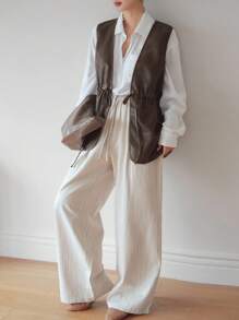 Dazy-Less Chaleco de mujer de PU perforado con cordón y cintura con lazo, ropa de exterior casual para primavera, verano y otoño, ropa de trabajo casual para mujer