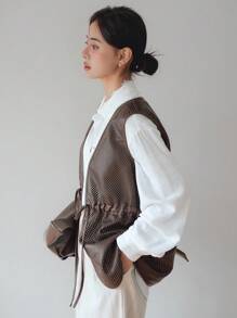 Dazy-Less Chaleco de mujer de PU perforado con cordón y cintura con lazo, ropa de exterior casual para primavera, verano y otoño, ropa de trabajo casual para mujer