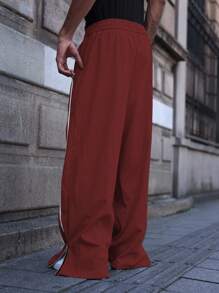 PAVTROS Quần ống rộng in chữ sọc khối màu có khóa kéo phía trước cho nam, phong cách đường phố, mùa thu - Màu Đỏ Sâu - Xem 2