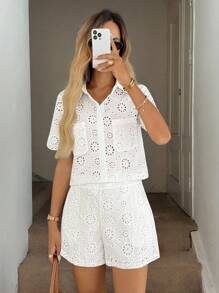 Easowa 2pcs/Set Women Embroidered Hollow-Out Texture Fabric Open Collar Shirt And Pocket Decorated Shorts Casual/Vacation Elegant Outfit - White - View 6