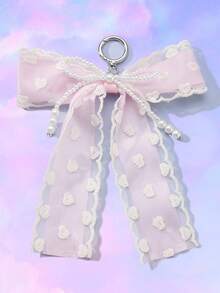 ROMWE Kawaii 1pc INS Korean Style Delicate & Sweet Versatile Minimalist High-End Handmade Beaded White Faux Pearl Net Lace Embroidered Heart-Shaped Pink Ribbon Bow DIY Keychain Bag Charm, Suitable For Women, Daily Wear, Holiday Gift - Pink - View 5