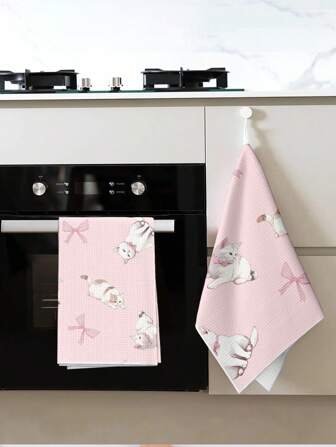 Sweetness 1pc Cute Kitten Hand Towel With Bowknot - Super Absorbent Quick-Dry Polyester Kitchen Towel, Decorative Cat-Themed Bathroom Decor, Paw Print Pet Lover Gift For Valentine's Day, Christmas - Low Lint & Machine Washable