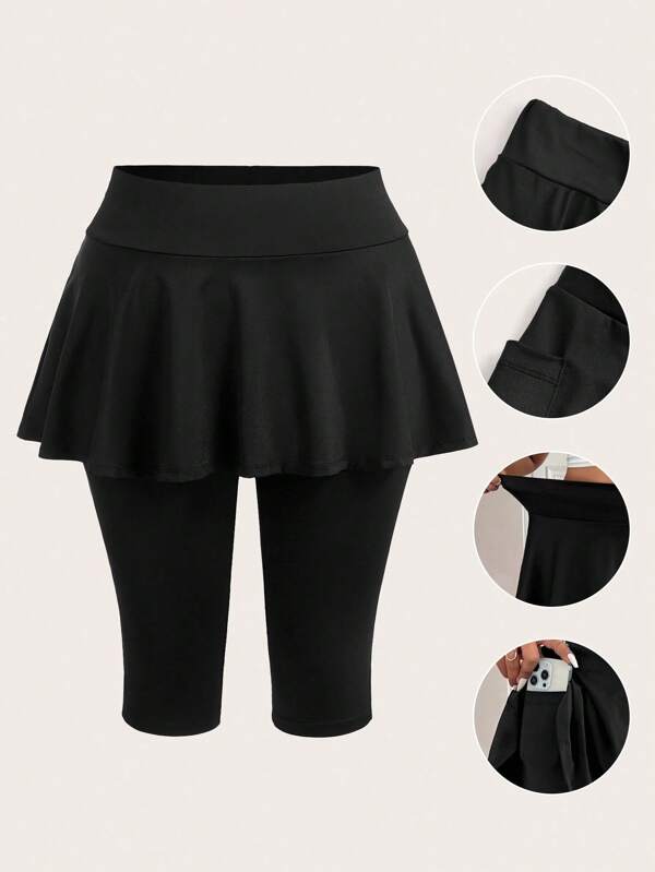 SHEIN EZwear Plus Size Capris For Women,Black Legging Pants With Faux Skirt,Spring Summer Clothes