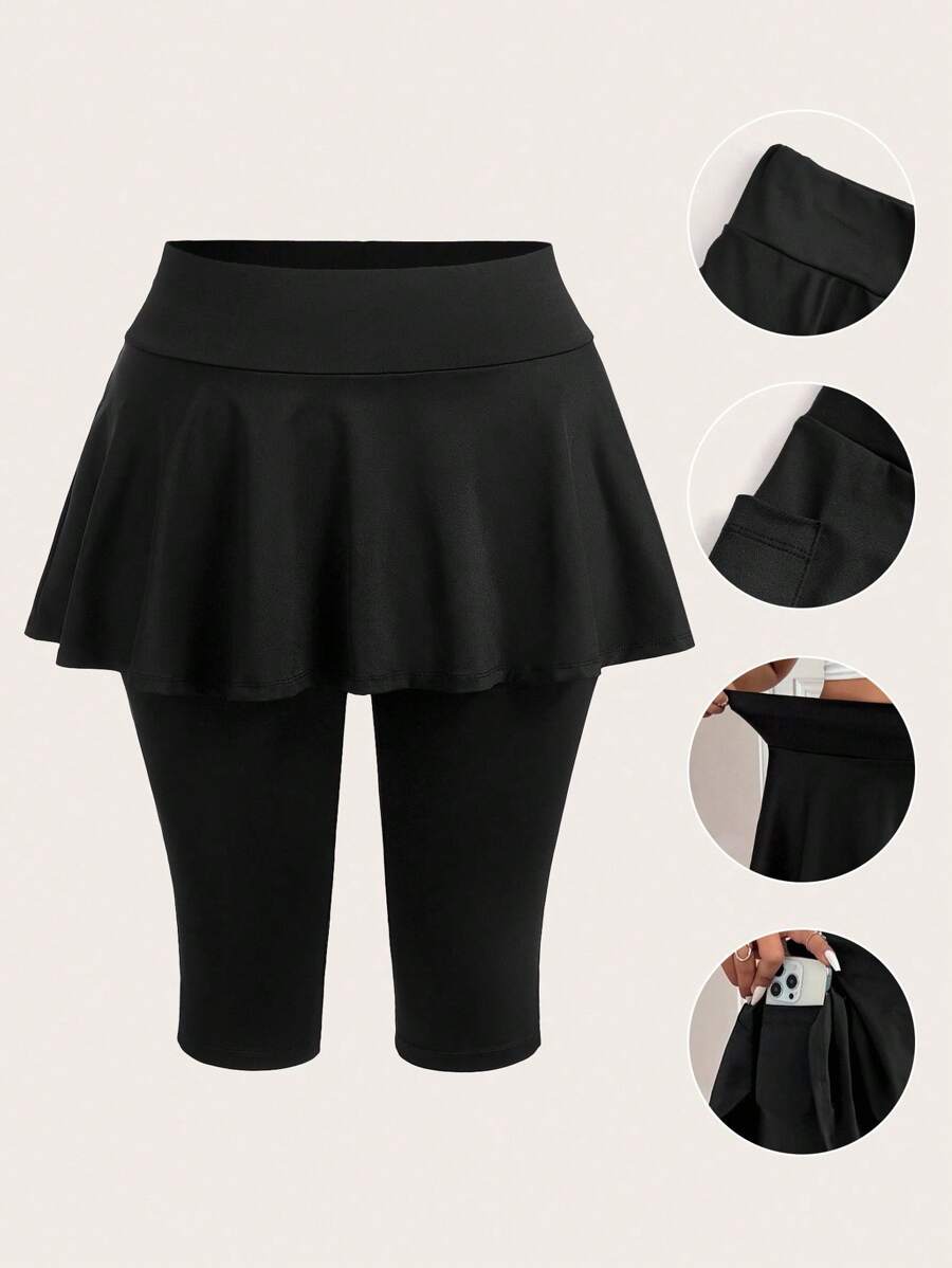 SHEIN EZwear 大码黑色紧身裤搭配仿裙子 - 黑色 - 查看 1