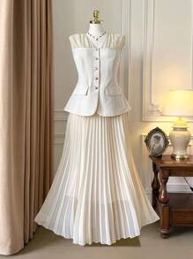 SHEIN Unity 2pcs Apricot Elegant Camisole Top With Pleated A-Line Skirt Set