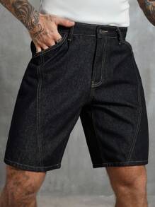Manfinity Homme Men's Summer Raw Denim Relaxed Loose Split Hem Denim Shorts - Blue - View 4