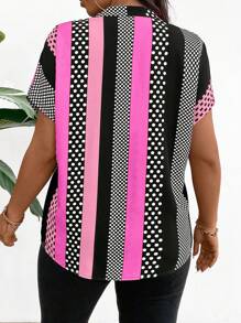 Plus Size Color-Block Short Sleeve Shirt With Random Print Design And Notched Collar For New Year Clothes Disco Plus Size Polka Dot - Pink - View 2