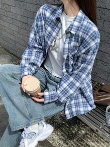 SHEIN Camicia a maniche lunghe casual, oversize, in stile retrò scolastico, blu e bianco, per ragazze adolescenti, in occasione del rientro a scuola