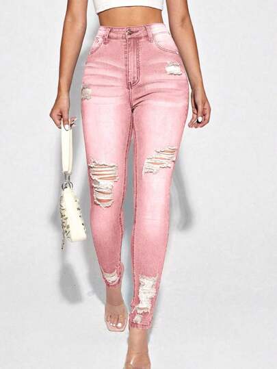 SHEIN Frenchy Celana Jeans Skinny Fit dengan Motif Kumis Kucing yang Santai dan Usang