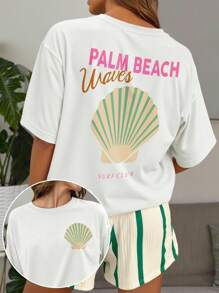 SHEIN EZwear Plus Size Women Summer Letter & Shell Print Short Sleeve Casual T-Shirt - White - View 1