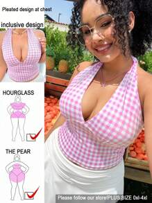 SHEIN EZwear Plus Size Pink Plaid Suspender & Cami Set, Spring/Summer - Pink - View 1