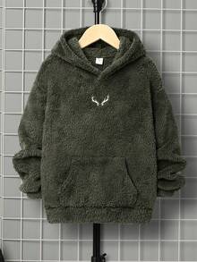 SHEIN Sudadera con capucha de forro polar bordada por ambos lados, informal, para niño preadolescente en otoño/invierno - Verde militar - Ver 3