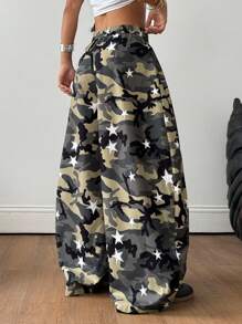 Coolane Women's & Men's  Summer Streetwear Vintage Y2K Casual Camo Hippie Oversized Army Green Star Print Camo Cargo Pants