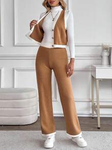 SHEIN LUNE Women's Casual Brown And White Contrast Color V-Neck Button Down Top And Long Pants Knit Set,Autumn 2 Pieces Set Outfits For Women,Casual,Occasion - Brown - View 7