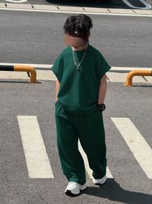 Tween Boy 休闲韩版宽松杏色百搭背心和长裤套装，适合通勤、上学、日常休闲、运动、春夏季度假 - 墨綠色 - 查看 5