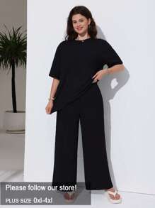 Solflare Plus Size Plain Round Neck Short Sleeve Casual Top And Pants Set