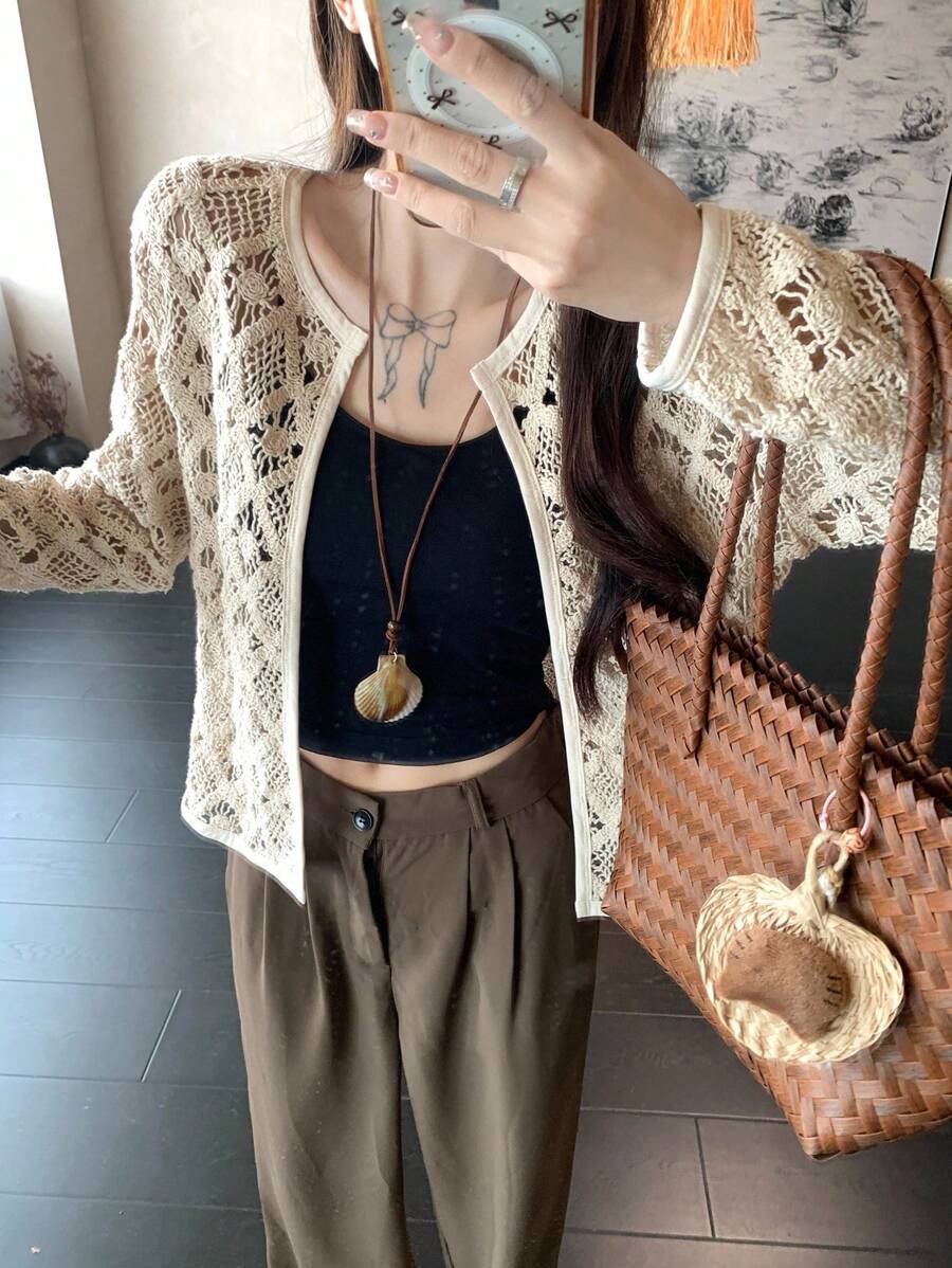 DAZY Giacca sottile con maniche lunghe e mezza lunghezza in pizzo, stile coreano per primavera, estate e autunno, abbigliamento da donna per vacanze - Albicocca - Visualizzare 1