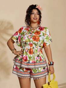 Sunserae Plus Size Women Floral Print Batwing Short Sleeve Top And Shorts 2 Pieces Set For Vacation Tropical Colorblock Floral Print Boho Fashionable Style For Summer - Multicolor - View 5