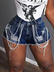 Slaydiva Plus Size Beaded Chain Decor Fashionable Denim Shorts - Dark Wash - View 1