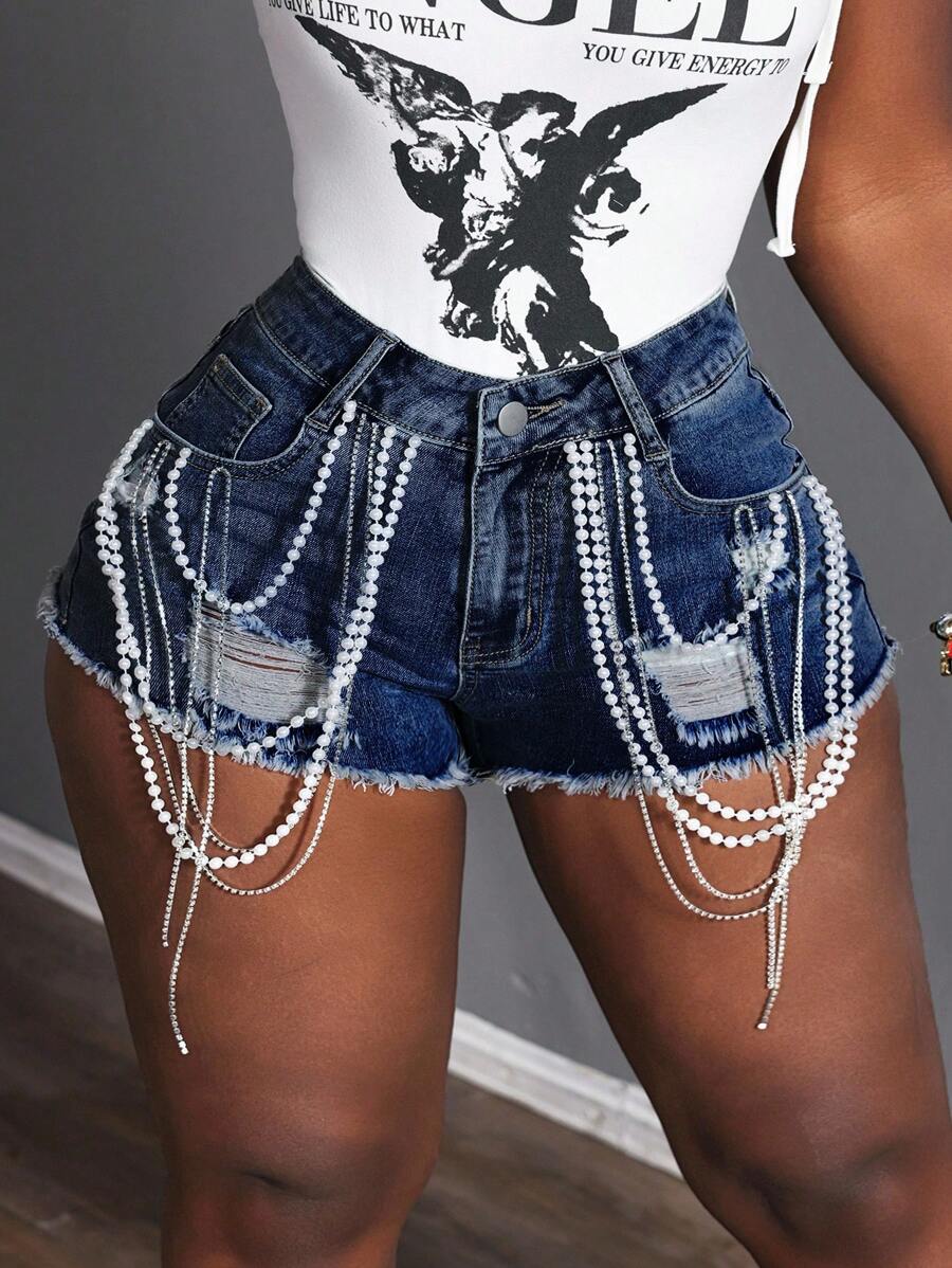 Slaydiva Plus Size Beaded Chain Decor Fashionable Denim Shorts - Dark Wash - View 1