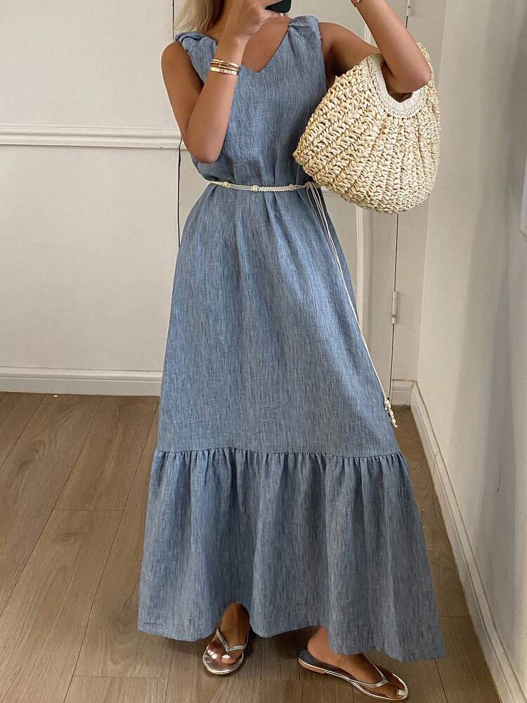 Waist Belt Sleeveless Round Neck Casual Vacation Dress For Women, Autumn Maxi Dress