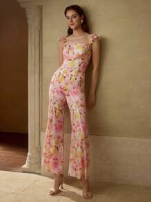 MOTF PREMIUM 全身花卉印花撞色蕾丝花边荷叶边袖窿喇叭腿连体裤 - 粉色 - 查看 6