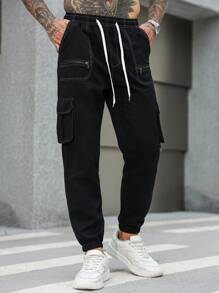 Manfinity Roughcore Men's Solid Color Drawstring Ankle Casual Cargo Pants - Black - View 7
