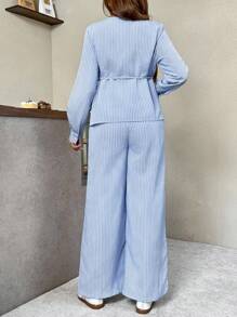 SHEIN 2件套孕妇条纹衬衫和可调节腰围阔腿裤 - 藍白色 - 查看 2