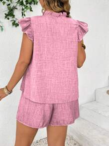 SHEIN LUNE Bộ 2 món thường ngày phong cách cổ điển có viền xếp nếp và tay áo chuông bồng bềnh - Hồng - Xem 2