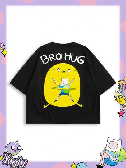 Adventure Time X ROMWE Camiseta negra de manga corta holgada con estampado divertido de dibujos animados y letras para hombre, para verano
