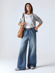 LYSMO Women's Drawstring Waist Pocketed Wide Leg Loose Casual Versatile Jeans - Blue - View 4