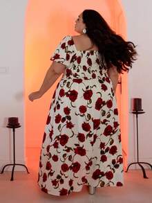 Pretty and Ole Plus Size Summer Elegant Rose Print Off Shoulder Split Dress Easter Wear - Red and White - View 2