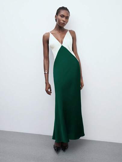 Maija 绿白撞色 V 领无袖修身中长连衣裙，优雅露背设计，适合婚礼宾客、度假、商务休闲、教师装、性感女士生日礼服