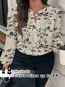 SHEIN CURVE+ Große Größen V-Ausschnitt Langarm Lässig Hemd mit Blumen Allover-Muster - Verschiedenfarbig - Übersicht 7