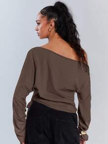 Athîral Dam Casual Enfärgad Asymmetrisk Krage Dragsko Topp, Höst - Brun - Visa 7