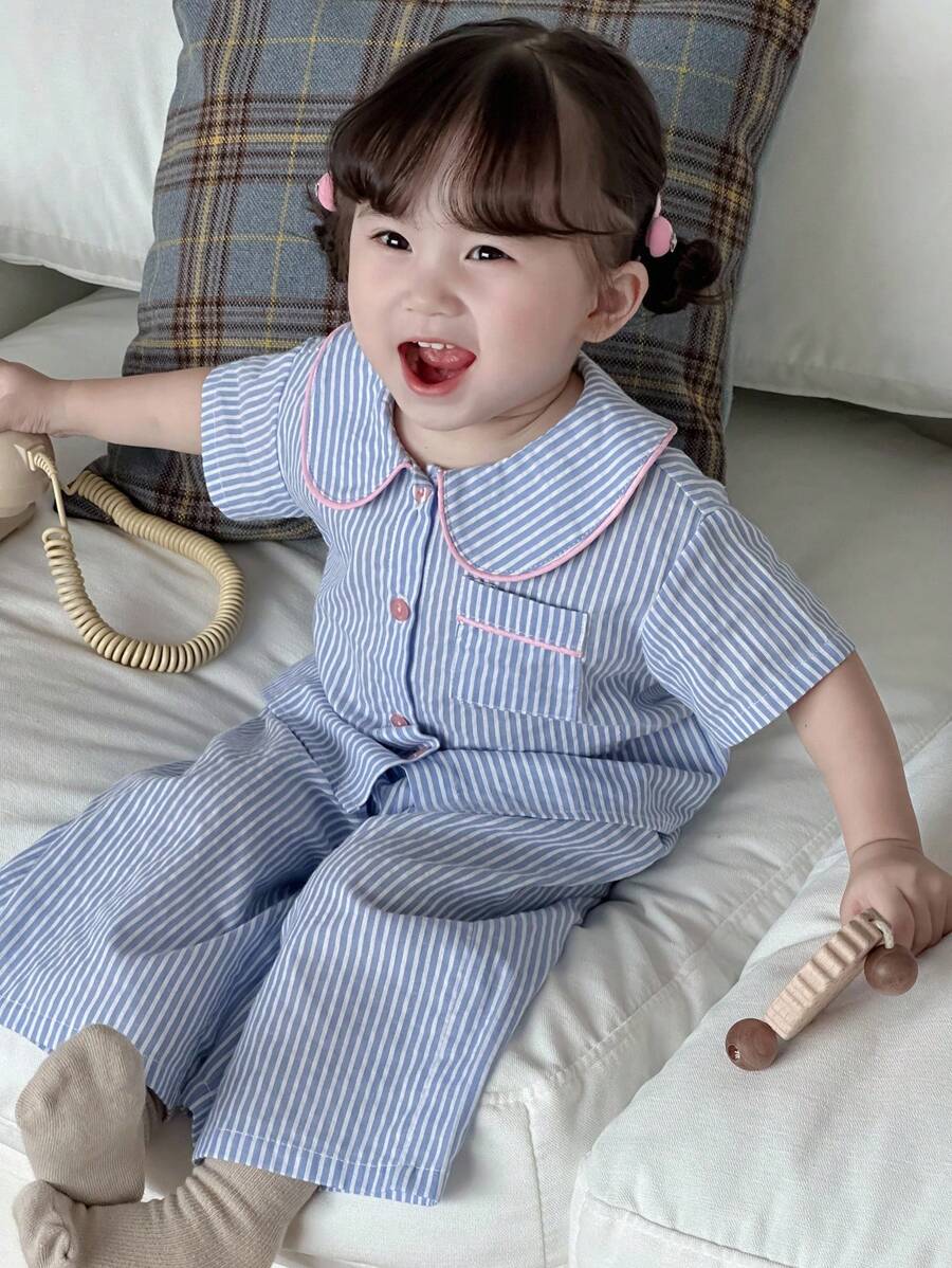 Dazy Kids 女童清新条纹 Polo 领衬衫和宽松裤子两件套睡衣套装 - 藍色 - 查看 1