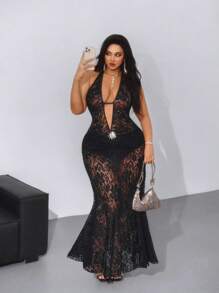 Viva Relle Vestido negro de verano para mujer de talla grande, de estilo elegante, con escote en V profundo, corte halter, lazo y encaje transparente, ideal para vacaciones, reuniones y fiestas - Negro - Ver 8