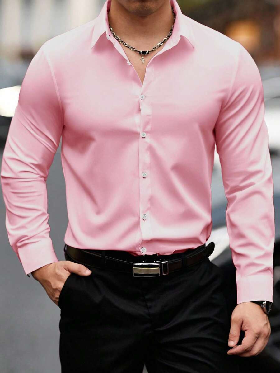 Manfinity Mode 男士商务风格纯色单排扣长袖衬衫粉色正装衬衫男士男士粉色正装衬衫粉色男士衬衫商务休闲粉色衬衫男士男士粉色纽扣衬衫,老钱风格,秋季 - 粉色 - 查看 1