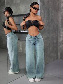 EURMUSE 女式口袋设计宽松休闲百搭牛仔裤