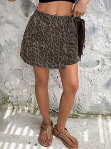 DAZY 女士夏季豹纹系带牛仔裙短裤牛仔短裤 - 棕色 - 查看 5