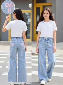 Tween Girls Casual Fashion Light Blue Denim Butterfly Print Pockets Loose Wide Leg Comfortable Everyday Relaxed Fit Washed Denim Jeans Girls Wide Leg Jeans With Bows Summer Holiday Fall Winter - Light Wash - View 3