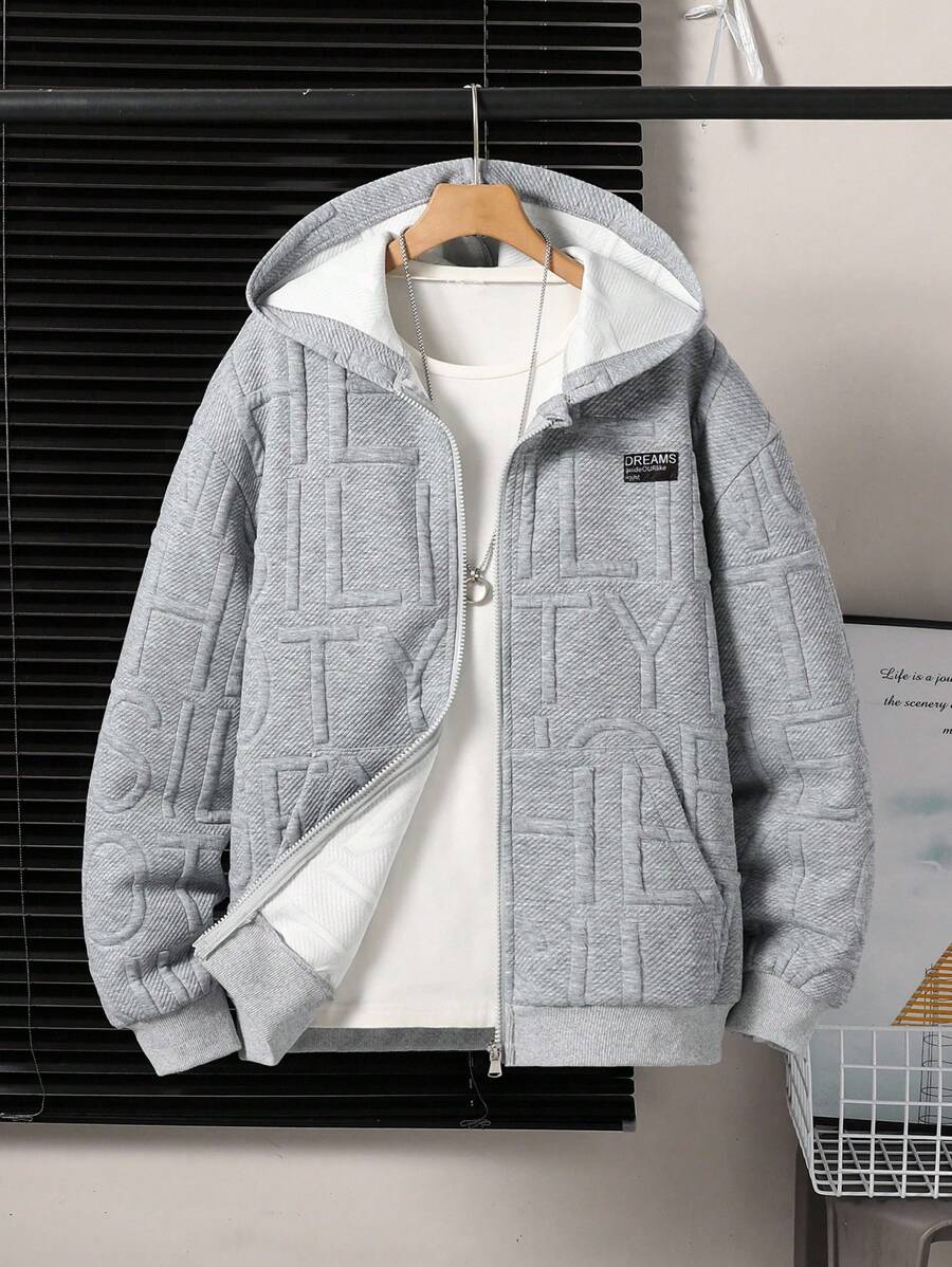 1pc Teens' Casual Simplistic Letter Jacquard Hooded Long Sleeve Jacket, Suitable For Everyday Wear, Autumn/Winter Fall - Grey - View 1