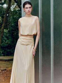 Chiquease Green Women's Casual Sleeveless Top & Pleated Long Skirt 2 Pieces Set - Apricot - View 6