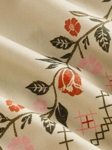 SHEIN MOD 大码女式夏季假日花卉印花褶皱后背喇叭下摆吊带连衣裙 - 卡其色 - 查看 4