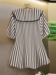 SHEIN LUNE Camisa feminina plus size listrada de manga curta e abotoamento simples, blusa casual de verão charmosa para professoras, ideal para ocasiões formais e informais. - Preto e Branco - Ver 8