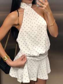 INAWLY Women Polka Dot Print Backless Mini Halter Dress - White - View 1