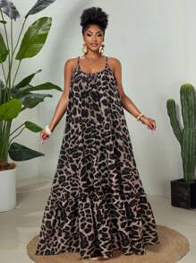 Maweii 2025 女式加大码优雅日常穿着时尚拼色豹纹梭织面料高端百搭设计感度假吊带裙，春夏